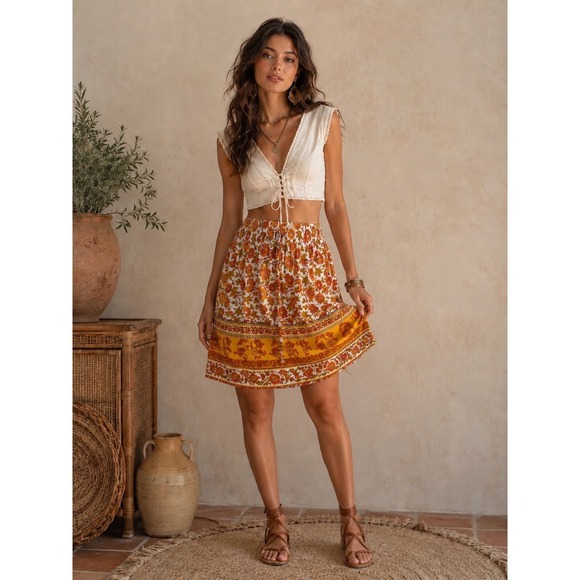 Jjwm woman Dresses & Skirts - Boho Floral 100% Cotton Mini Skirt Orange Yellow Tiered Drawstring Small